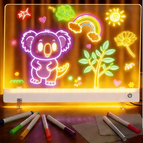 Wiederaufladbare LED Zeichenbrett 30x20CM Acryl Notiztafel mit 7 Farbmodi Leuchtendes LED Zeichenbrett mit Ständer Maltafel Schreibtafel Abwischbar mit 7 Farben Stift für Kreatives Geschenk
