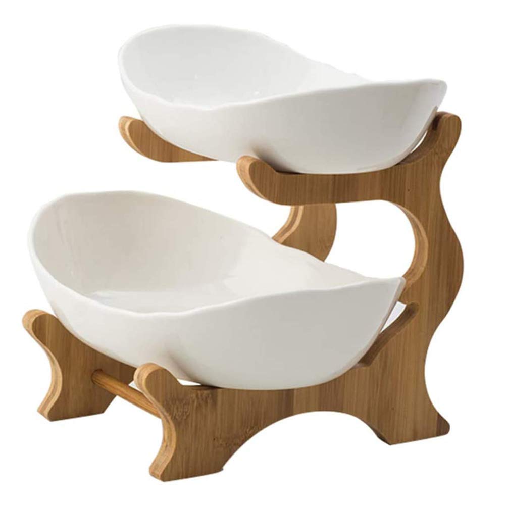 Multi-Layer Fruit Basket Bamboo Stand Holder Ceramic Countertop Fruit Bowl Vegetable Candy Racks for Home Wedding Birthday Tea Party Platter Small