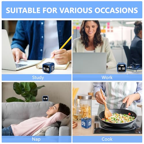 Image of GuDoQi Multi-Function Cube Timer, 5 /10 /30 /60 Min & Custom Count Down, Included Pause & Resume Feature, Silent, Vibrate & Adjustable Sound Alarm for Productivity in Tasks,Study & Kitchen, Classic Blue