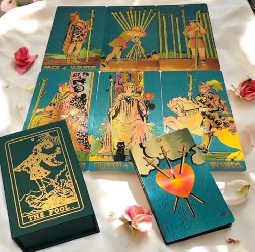 Image of AYME Green Gold foil Tarot Cards Game with Guide Book, 78 Cards Tarot Deck for Beginners and Professional Player with Box Tarot PVC Durable Waterproof Wrinkle Resistant