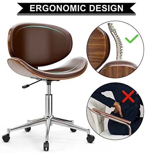 Okakopa Small Desk Chair Modern Office Chair 360° Swivel Height Adjustable Brown Leather Desk Chair Armless Chairs Ergonomic Curved Wood Home Office Chair (Brown With Wrap Edge) #TOP5