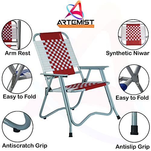 Image of ARTEMIST Foldable Stripe Chair with Arm Rest Portable Chair with Durable Folding Frame, Ideal for Garden, Patio, Lawn, Balcony (Red,Chromium Steel)