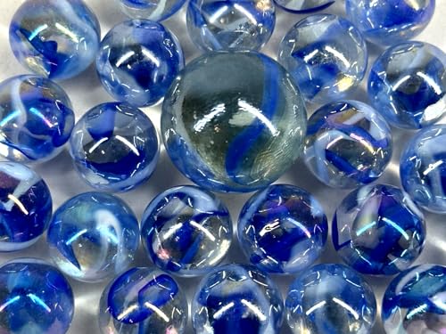 Big Game Toys~25 Glass Marbles Great White Shark Clear/Blue Swirl Game Pack (24 Player, 1 Shooter) Decor/Vase Filler/Aquarium