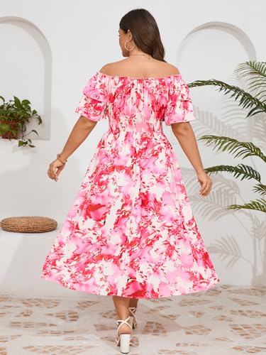 Image of Plus Size Maxi Dress Off The Shoulder Ruffle Smocked Wedding Guest Cocktail Slit Hem Flowy Dresses for Curvy Women