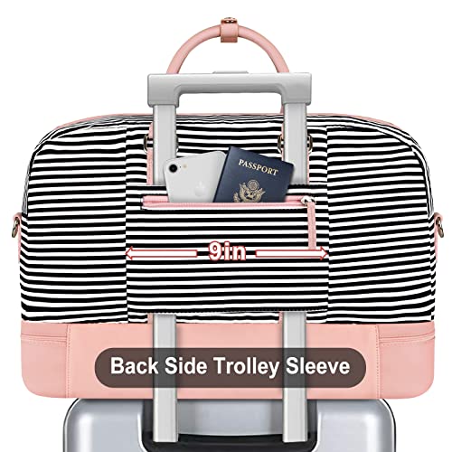 Image of Weekender Bag for Women, Large Overnight Bag Canvas Travel Duffel Bag Carry On Tote with Shoe Compartment 21 inch 3Pcs Set, A07-pink+black & white stripes, Large, Practical