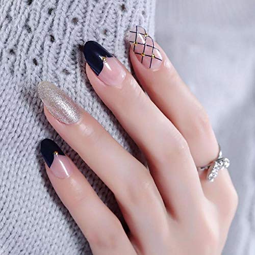 Falsche Nägel Mädchen Einfache Mode Schwarzes Netz Falscher Nagel Frauen Charm Acryl Nail Art Tipps Mit Kleber 24Pcs Diy… – Bild 6
