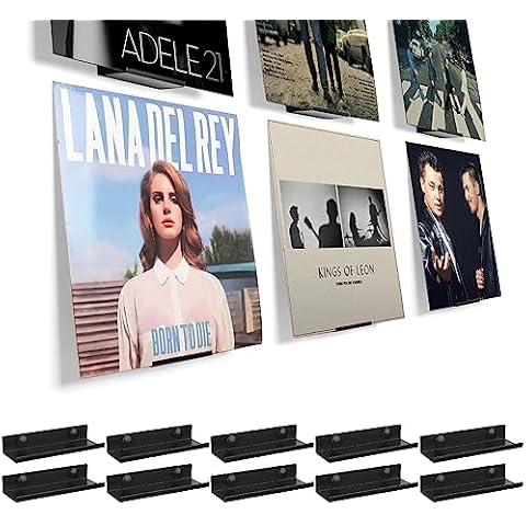 BiJun Vinyl Wall Mount 10 Pack, Black Metal Vinyl Holder Wall Display Shelf Record Wall Mount Stand for Albums LP Minimalist Vinyl Record Wall Storage Set for CD Display in Office Home Cover