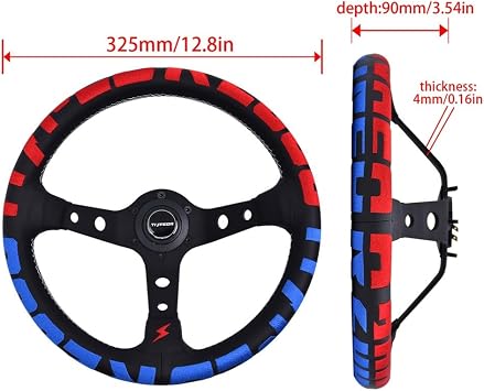 Racing Adventure Car Steering Wheel 320mm 12.5 Black Microfiber Leather/Suede Grip Aluminum Frame Deep Dish 3 Deep Sports Drifting Reinforced Steering Wheel with Horn Button