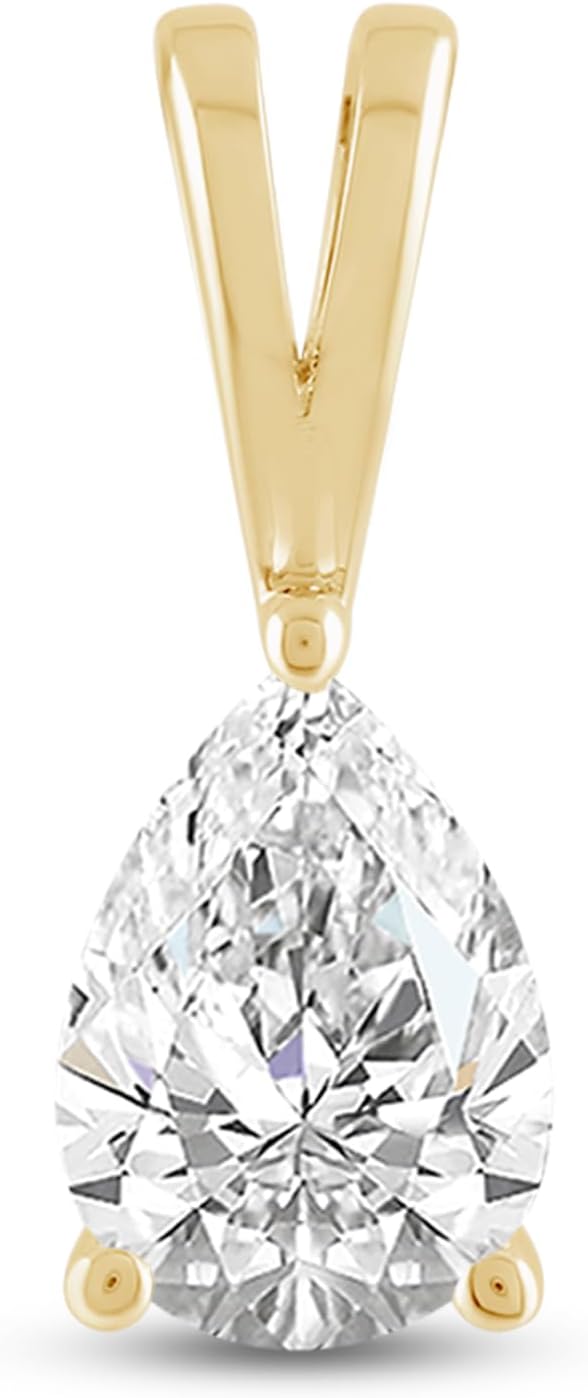 Everyday Elegance Solid 14K Gold Cubic Zirconia Solitaire Pendant Necklace for Women Heart, Princess, Round, Oval, Emerald, Pear & Cushion Cut 1 or 2 CTW | .60mm Thick 16" 18" Length Box Link Chain