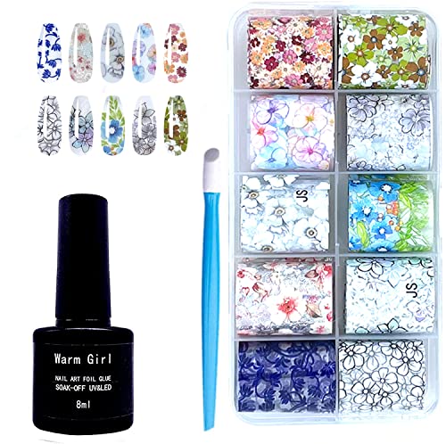 Warm Girl Gel de transferencia de lámina para arte de uñas de 8 ml con 10 calcomanías de papel de aluminio, kit de decoración de manicura, pegamento de transferencia de uñas, lámpara LED UV requerida