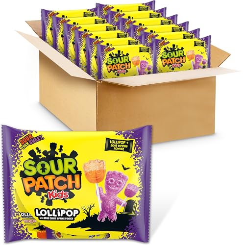 SOUR PATCH KIDS Orange & Purple Halloween Candy Lollipops with Sour Candy Dipping Powder, Bulk Candy, 12 Bags (240 Total Lollipops)