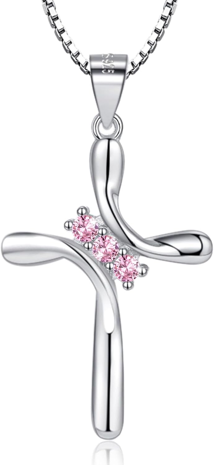 925 Sterling Silver Cross Necklaces for Women 12 Color Birthstone Necklace,Adjustable Cross Pendant With Cubic Zirconia,Ideal Hypoallergenic Jewelry Gift