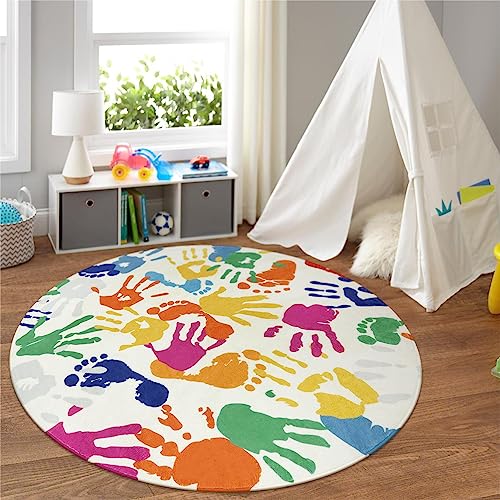 STARUIA Colorful Round Rug for Kids Bedroom, 4'x4' Handprints and Footprints Circle Rug for Playroom, Rainbow Washable Rug for Nursery, Small Circular Carpet for Classroom Dorm Daycare