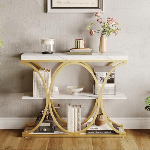 Garvee 39" Narrow Console Tables for Entryway, Industrial 3-Tier Sofa Table with Round Metal Base and Storage Shelves for Living Room, Hallway, Foyer,
