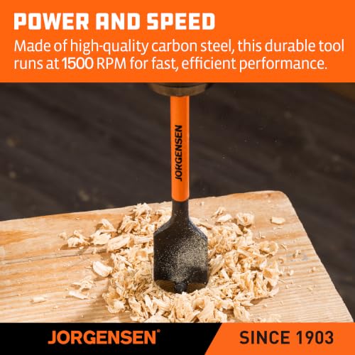 Image of Jorgensen 1 inch x 6 inch Spade Drill Bit, 1 /4 inch Hex Shank | High-Performance Carbon Steel Paddle Bit for Woodworking, Self-Feeding Threaded Tip