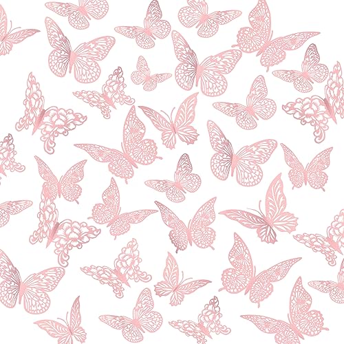 Image of 3D Gold Butterfly Wall Decor 3 Sizes 4 Styles Butterfly Party Decorations Cake Decorations Removable Stickers Wall Decor Room Mural Metallic Kids (Pink, 96Pcs)