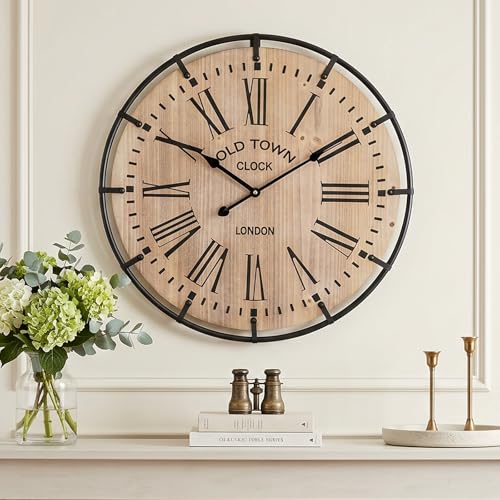 Image of EMAX HOME 20 Inch Large Farmhouse Wall Clock, Light Wood Grain Face with Black Metal Frame, Silent Non-Ticking Quartz Movement, Easy-to-Read Roman Numerals, for Living Room, Bedroom, Kitchen.