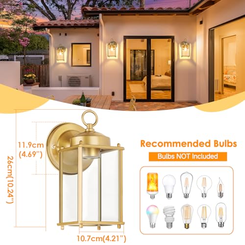Image of MATAMEYE Large Outdoor Wall Lantern, Exterior Waterproof Wall Sconce Light Fixtures, Gold Front Door Lighting with Clear Beveled Glass, Anti-Rust E26 Socket Porch Lamp, 2 Pack