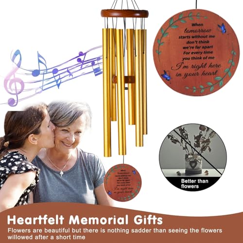 Image of Memorial Wind Chimes for Outside - Sympathy Wind Chimes for Loss of Loved One, Bereavement Gifts for Loss of Dad, Mom, Baby, Brother, or Friend - Outdoor Remembrance Gift in Gold (Round Design)