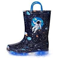 EUXTERPA Toddler Kids Waterproof Light Up Rain Boots Patterns and Glitter Boots with Handles for Boys, Astronaut, Toddler Size 9
