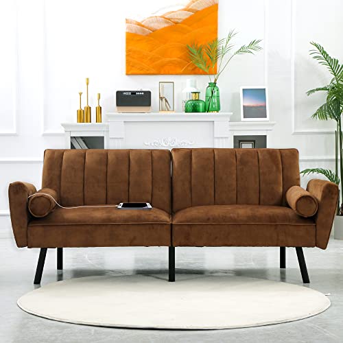 Duraspace Velvet Convertible Sleeper Sofa 74" Split Back Folding Futon Couch, Twin Size Double Sofa Sleeper With Usb, Loveseat Sleeper Sofa For Small Space (Caramel Brown) #TOP8