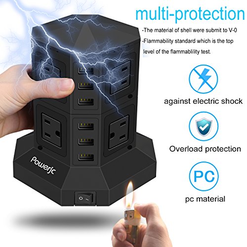 Tower Power Strip Surge Protector 8 AC Outlets with 6 USB Ports Chargers Black-Powerjc