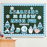 Mosailles 66PCS Winter Bulletin Board Kit Snowflakes Boarders Snowman Cutouts Learning is Snow Much Fun Decoration Set Gloves Hat Hot Coco Boots Cedars Wall Decor for Classroom School Office