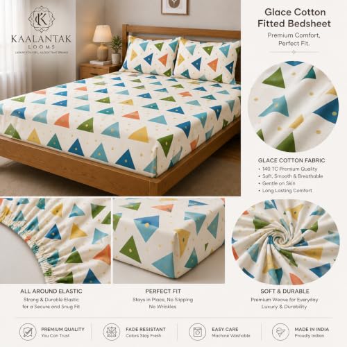 Image of Fitted Bedsheet Multicolor Triangle Print Glace Cotton 210 TC | King Size for Double Bed Fits 6 x 6.5 ft Mattress (72 x 78 Inch) | All Around Elastic | 2 Pillow Covers | 10 Inch Deep Pocket