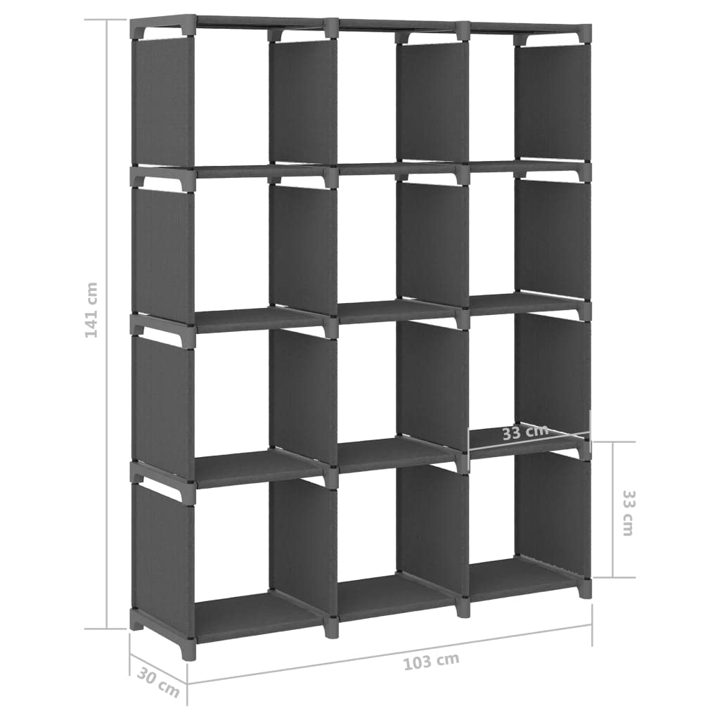 Würfel-Regal 12 Fächer Grau Stoff mit Stahlrahmen 103x30x141 cm stabiles Aufbewahrungsregal Cubes für Bücher und Büro, Wandmontage möglich modernes Shelving System