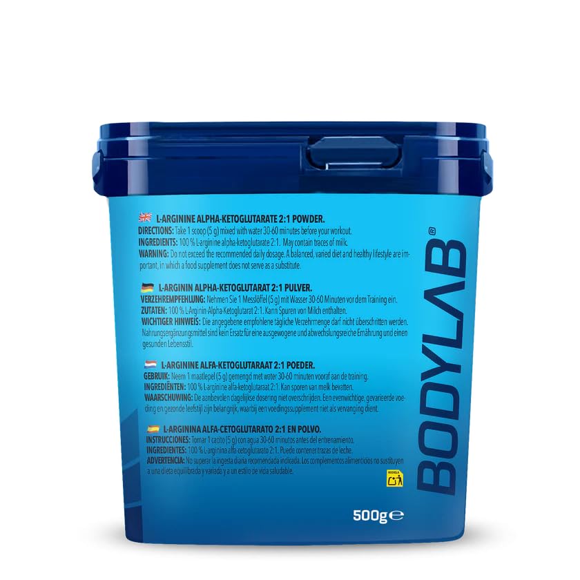 Bodylab24 AAKG Arginina Alfa Chetoglutarato 500 g di polvere in rapporto 2:1, integratore pre-allenamento, insapore, senza zucchero