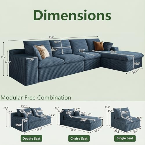 Image of 136 inch Cloud Couch Modular Sectional Sofa for Living Room, L-Shape Boneless Couch with Deep Seat, Modern Corduroy 4-Seater, No Assembly Required (Blue,Right-Facing Chaise)