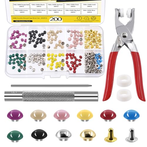 Mardatt 200 Sets 5mm Double Round Cap Leather Rivets with Fixing Tools, 10 Colors Caps Leather Rivets Metal Studs Leather Rivet Dome Rivets for Leather Craft DIY Decoration