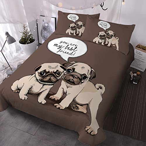BlessLiving Pug Dog Duvet Cover Pug Bulldog Cartoon Quilt Cover 3 Piece Bedding Set 3D Print Cartoon Friends Pugs Puppies Together Bedding Set Cover (Full)