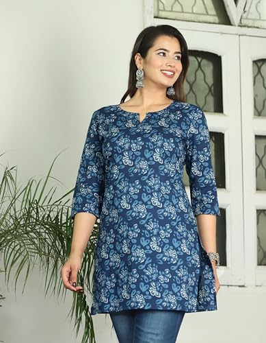 Image of Women's Floral Printed Rayon Short Kurti, Casual Ethnic Style, Side Slits, 3 /4 Sleeves, Regular Fit, for Jeans & Leggings