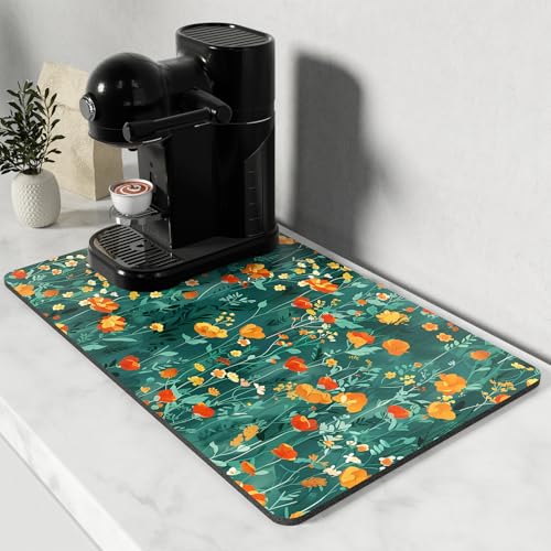 Rnivvi Tapete de café, 12 x 19 pulgadas, tapete de bar de café con temática de flores para accesorios y organizador de estación de café, almohadilla absorbente de secado de platos para encimera de