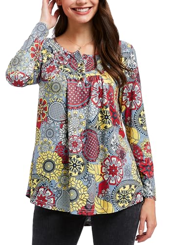 Enmain Mujeres Casual Túnica Tops Floral Blusa Suelta Manga Larga Plisada Señoras Swing Tops Botones hasta V-Cuello Más Tamaño Túnica Camiseta para Mujer Gris 3XL