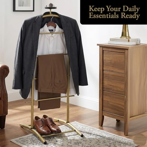 Image of Kings Brand Freestanding Metal Suit Valet Stand with Tie Bar, Gold | Complete Clothing Organizer with Hanger, Trouser Bar & Shelf Keeps Jackets, Pants, Ties, Belts & Accessories Organized