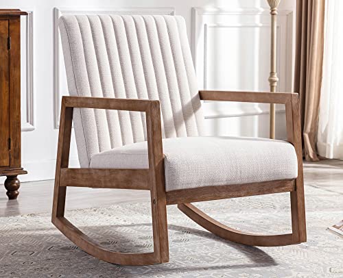 Vescasa Upholstered Linen Rocking Chair With Channel-Tufted Back, Mid-Century Modern Comfy Rocker With Light Walnut Wood Frame For Nursery Living Room Bedroom Reading Indoor, Beige #TOP17