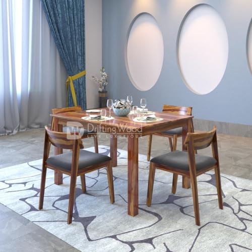 Image of DRIFTINGWOOD Liana Dining Table 4 Seater | Four Seater Dinning Table with 4 Chairs with Grey Cushions for Home | Rosewood, Natural Finish, Self Assembly(DIY)