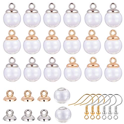 SUNNYCLUE 1 doos 40 stuks 14 mm mini leeg helder glas Globe Bottle Wish glazen bol, 40 stuks Bail Cap en oorbel haken voor DIY hanger charme boutoorbellen maken, zilver en goud