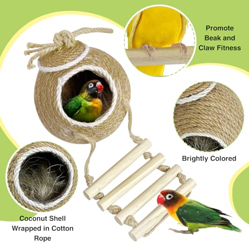 Image of Tfwadmx Coconut Hide with Ladder, Natural Coconut Fiber Hanging Birdhouse Cage, Handmade Sisal Rope & Coconut Bird Shell Breeding Nest for Parrot Parakeet Lovebird Finch Canary (2 Pcs Brown)