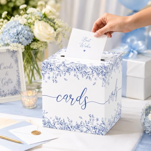 Image of Blue Floral Wedding Card Box with Slot for Baby Shower and Birthday | Roomy 8.7 Inch Cube Holds Cards and Envelopes While Keeping Gift Tables Neat at Weddings, Baby Showers and Birthday Parties