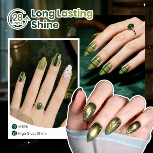 Image of Beetles Green Gel Nail Polish Set, Olive Sage Glitter Cat Eye Shade