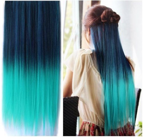 X&Y ANGEL Two Tone One Piece Straight Synthetic Thick Hair Extension Clip-on Hairpieces (black to green)