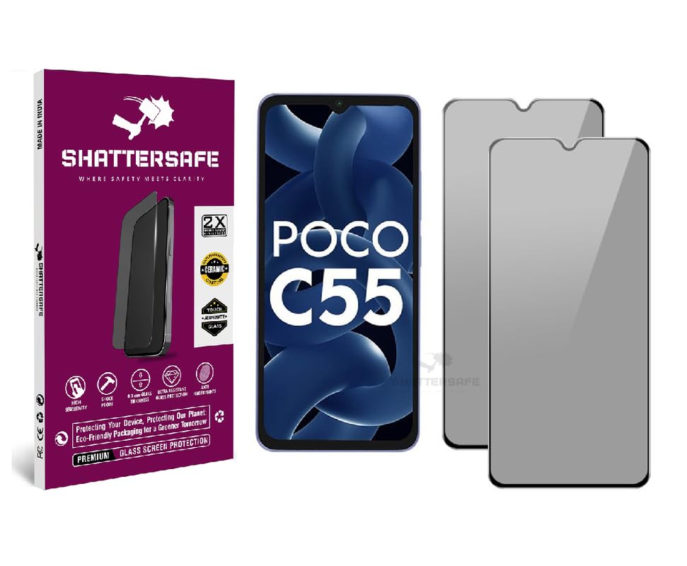 Image of Anti-Spy Privacy Tempered Glass Screen Protector Compatible For Poco C55 [Pack of 2]. 9H Hardness, Anti-Scratch, Edge-to-Edge Protection With Easy Installation Kit & Case Friendly Fit.