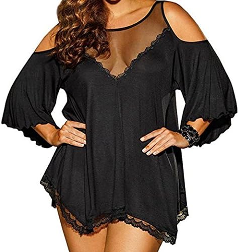 Women's Plus Size Sexy Lingerie Babydoll Sleepwear Set Night Shirt Pajamas With Underwear (XXXXL, Black)