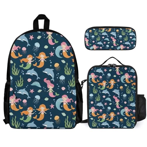 AMRANDOM Backpack Bookbag Set with Lunch Box Case Mermaid Backpack Casual Daypacks