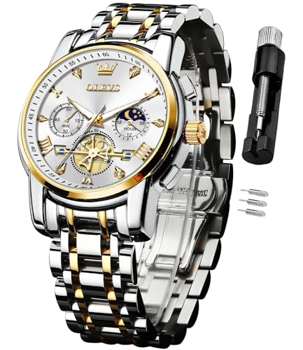 Image of OLEVS Watch for Men Analog Quartz Luxury Diamond Dial Dress Wrist Watches, 2856:Two Tone&Gold White, Two Tone Band White Dial | Chronograph, 100Ft Waterproof, Calendar, Luminous, Stainless Steel Strap