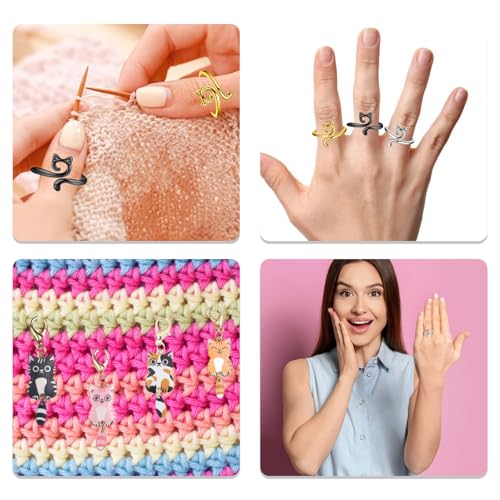 Image of 4PCS Adorable Crochet Rings with 7PCS Cat Stitch Markers and 20PCS Stitch Needle Clip Counter,Adjustable Tension Rings for Finger Accessories and Gadgets,Ideal Yarn Guide Ring Knitting Tools for Women