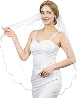 Wedding Veil Pearl Beaded Edge 1 Tier Fingertip Length Bridal Veil with Comb